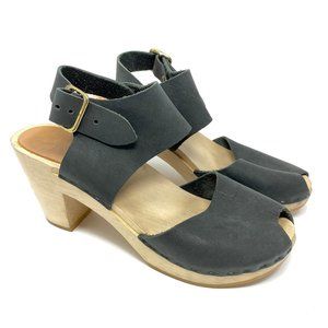 Bryr Miranda Peep Toe Black Leather Clogs